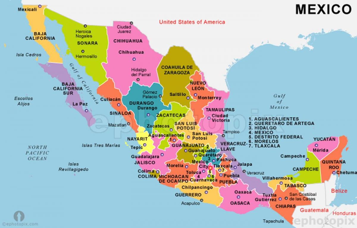 Mehhiko kaart riigid ja pealinnad