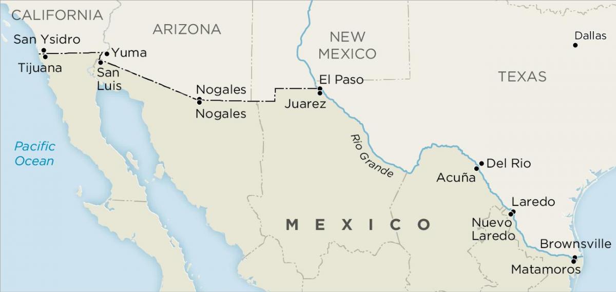 usa ja Mehhiko piiri kaardil